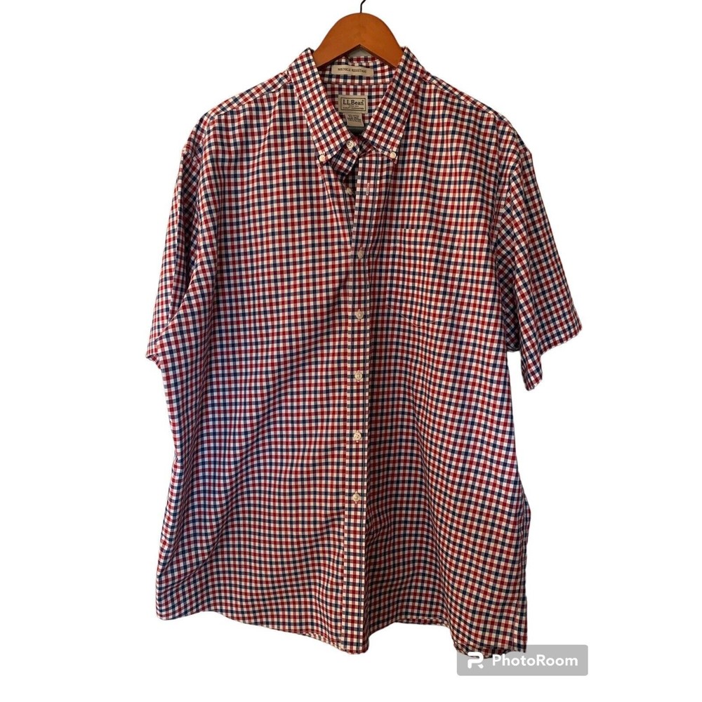 LL Beans Button Down Mens Adult XXL Tall Tartan Red Plaid Traditional Fit Casual